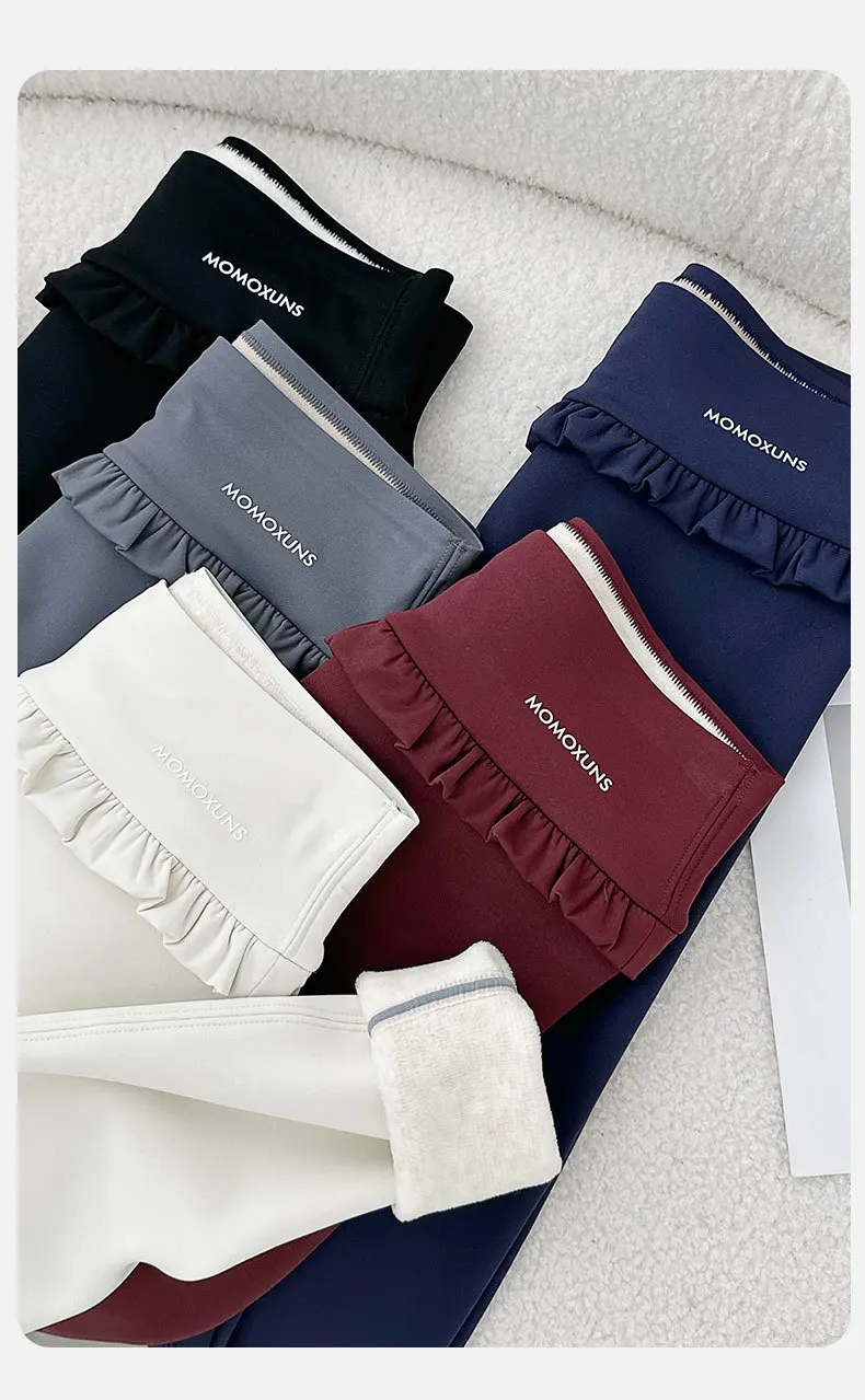 Fashion Womens Elastic Ruffle Waist Sharkskin Pants Autumn Winter Fleece Thick Warm Leggings Woman Solid Slim Butt Lift Leggings