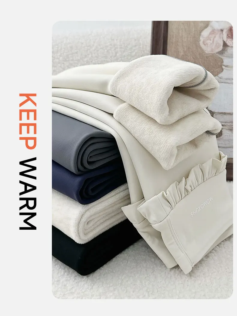 Fashion Womens Elastic Ruffle Waist Sharkskin Pants Autumn Winter Fleece Thick Warm Leggings Woman Solid Slim Butt Lift Leggings