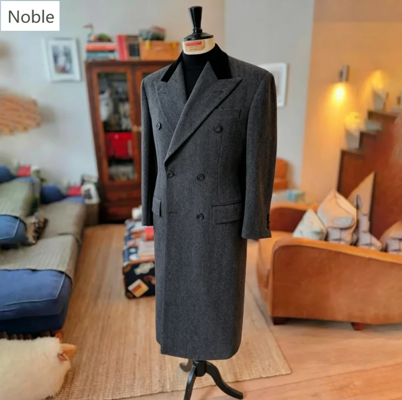 Men Double Breasted Long Wool Overcoat Lapel Black Formal Business Winter Trench Coat Gentleman Wedding Outerwear Customized