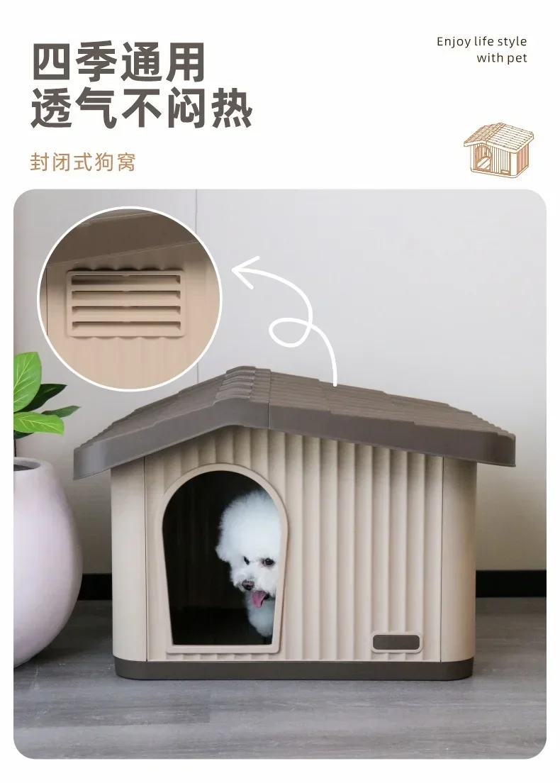 Weatherproof Dog House for Small Dogs, Rainproof Winter Shelter Outdoor Indoor, Semi-Enclosed Pet House with Warm Bed