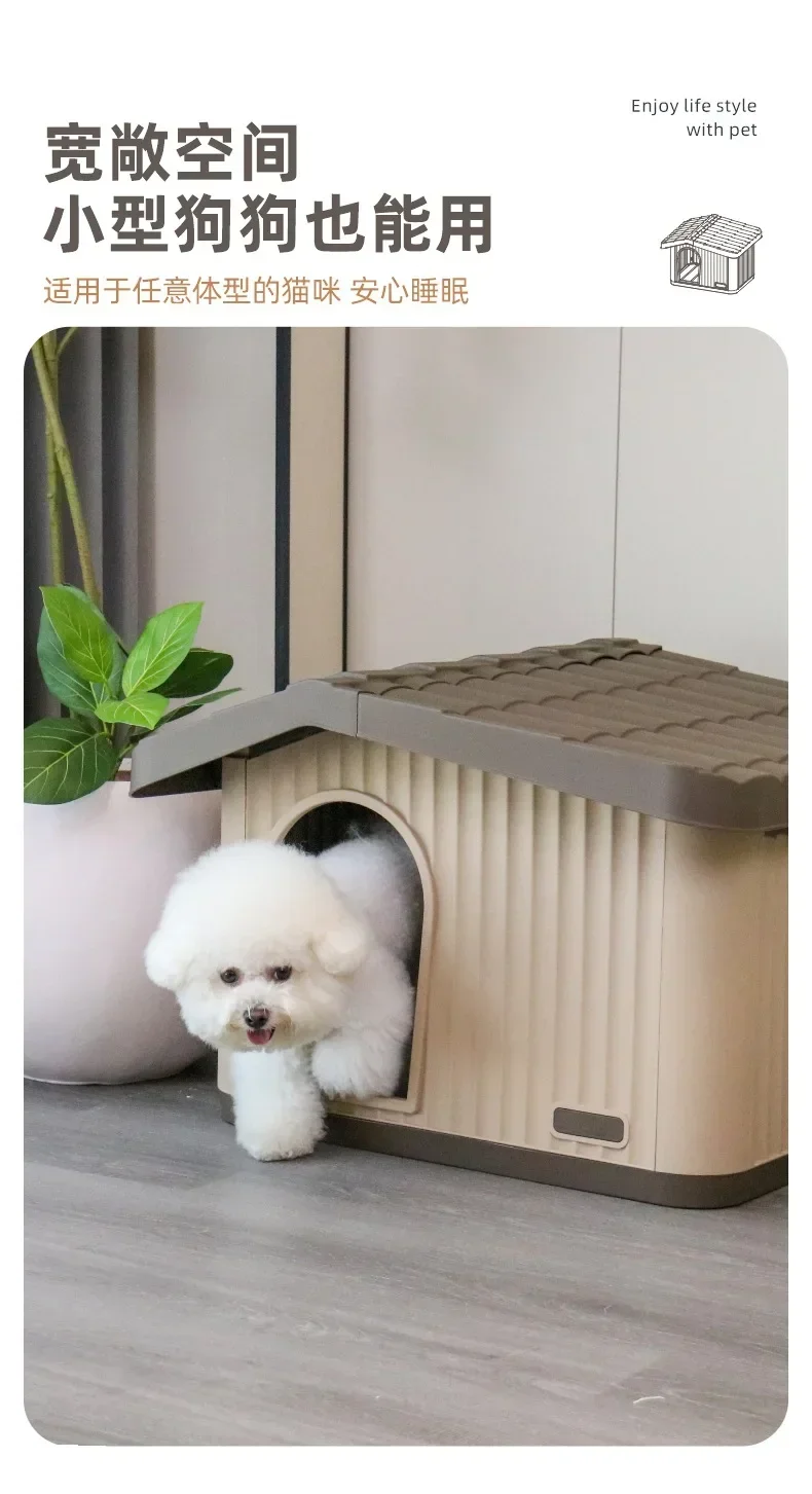 Weatherproof Dog House for Small Dogs, Rainproof Winter Shelter Outdoor Indoor, Semi-Enclosed Pet House with Warm Bed