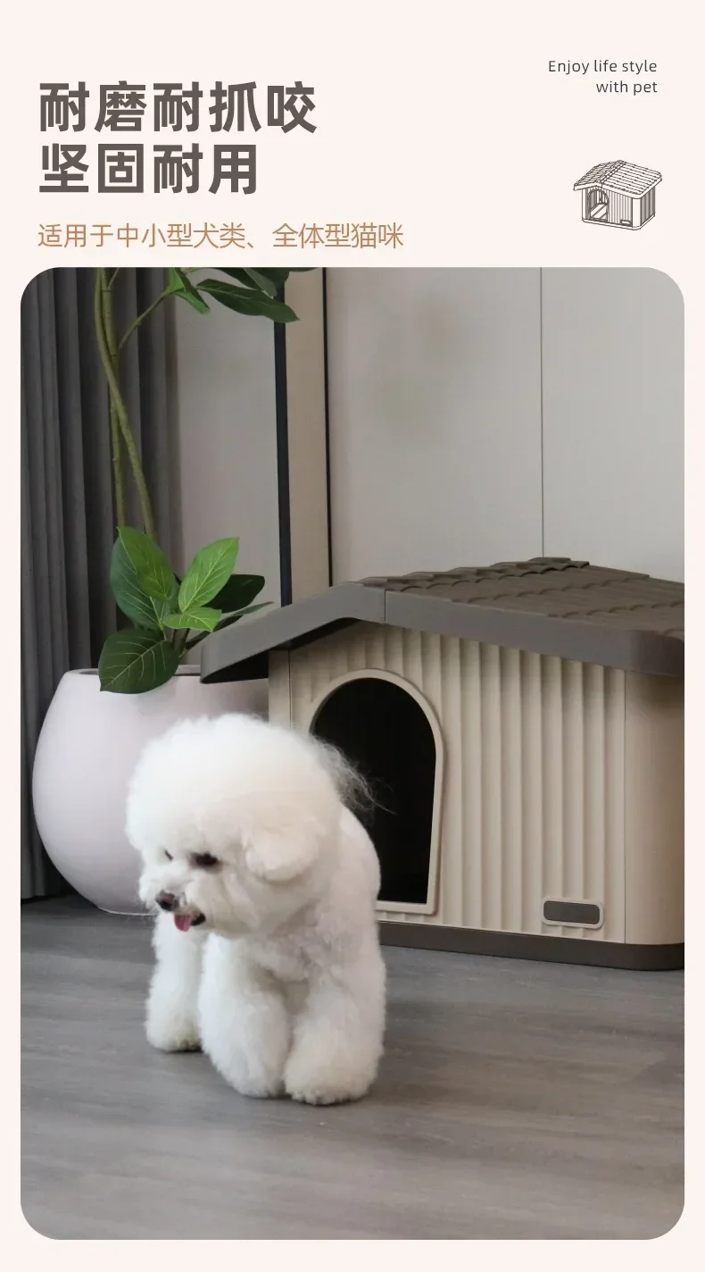 Weatherproof Dog House for Small Dogs, Rainproof Winter Shelter Outdoor Indoor, Semi-Enclosed Pet House with Warm Bed