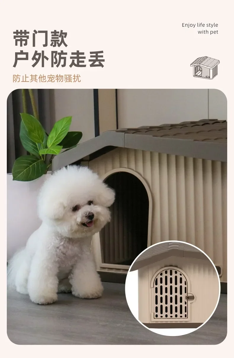 Weatherproof Dog House for Small Dogs, Rainproof Winter Shelter Outdoor Indoor, Semi-Enclosed Pet House with Warm Bed