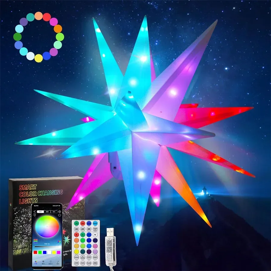 Dia40/50/60CM Smart Christmas Star Tree Topper Moravian Star Light LED Bluetooth App & RGBIC Remote Firework Starburst Light