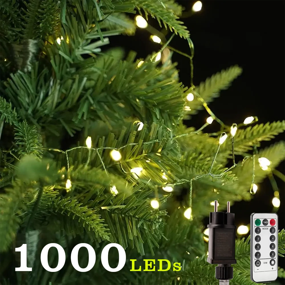 1000 Leds Green Wire Cluster Christmas Fairy Light Outdoor Decoration Garland String Lights Holiday Lighting Party New Year
