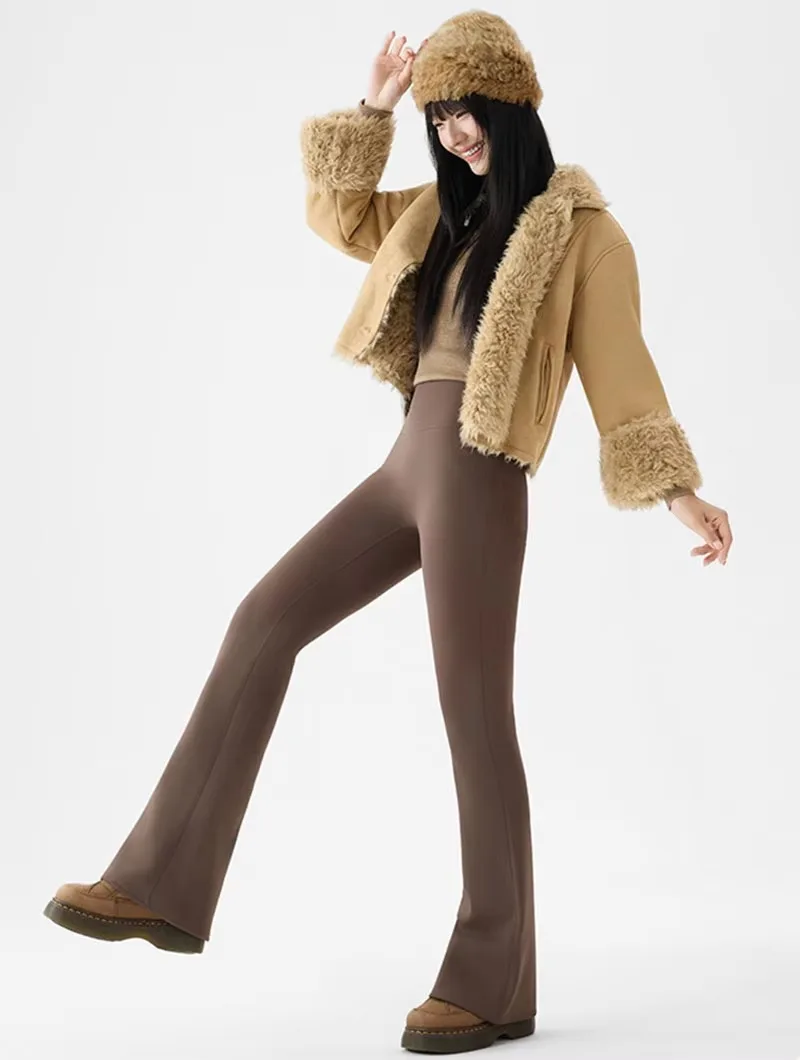 Autumn Winter Thick Fleece Lined Warm Leggings Women High Stretch Slim Sharkskin Flare Pants Female Fashion All Match Leggings