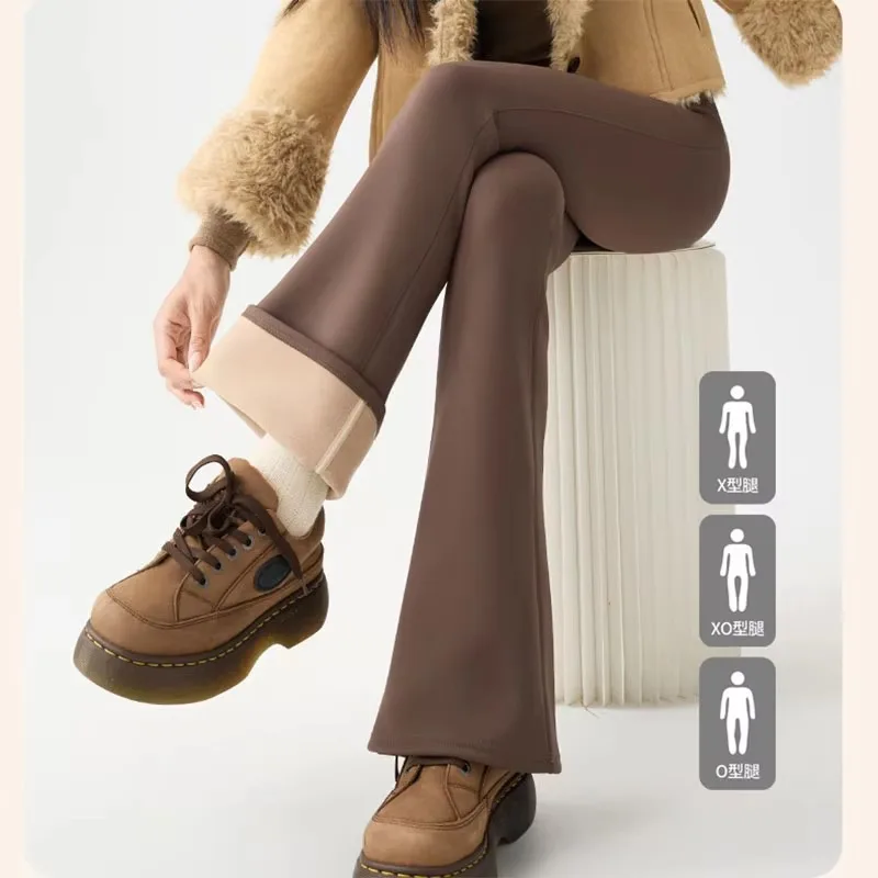 Autumn Winter Thick Fleece Lined Warm Leggings Women High Stretch Slim Sharkskin Flare Pants Female Fashion All Match Leggings