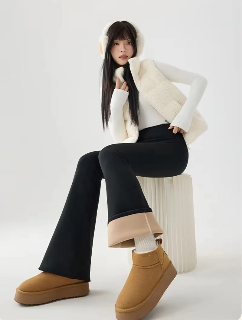 Autumn Winter Thick Fleece Lined Warm Leggings Women High Stretch Slim Sharkskin Flare Pants Female Fashion All Match Leggings