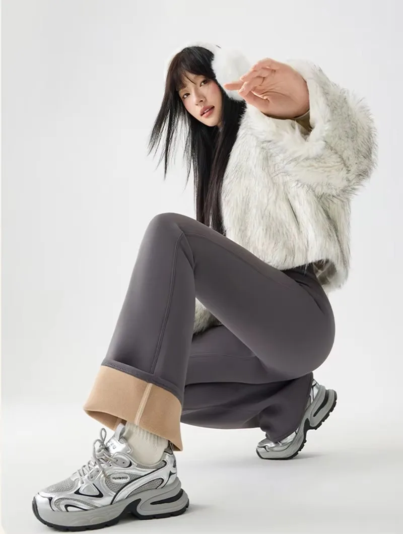 Autumn Winter Thick Fleece Lined Warm Leggings Women High Stretch Slim Sharkskin Flare Pants Female Fashion All Match Leggings