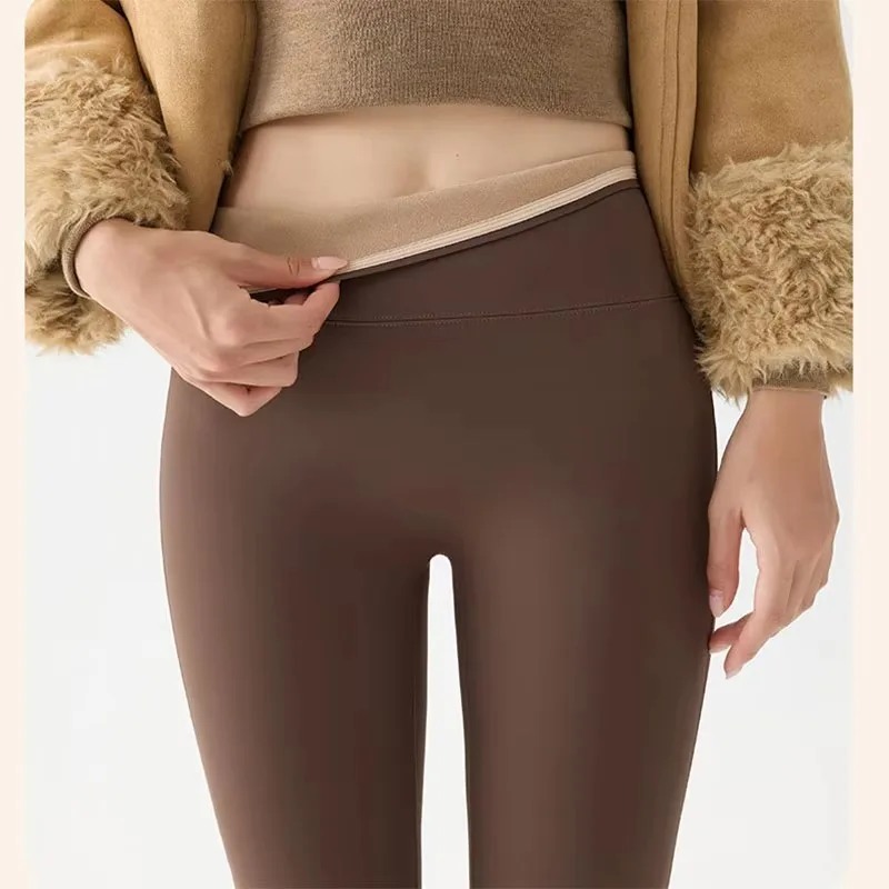 Autumn Winter Thick Fleece Lined Warm Leggings Women High Stretch Slim Sharkskin Flare Pants Female Fashion All Match Leggings