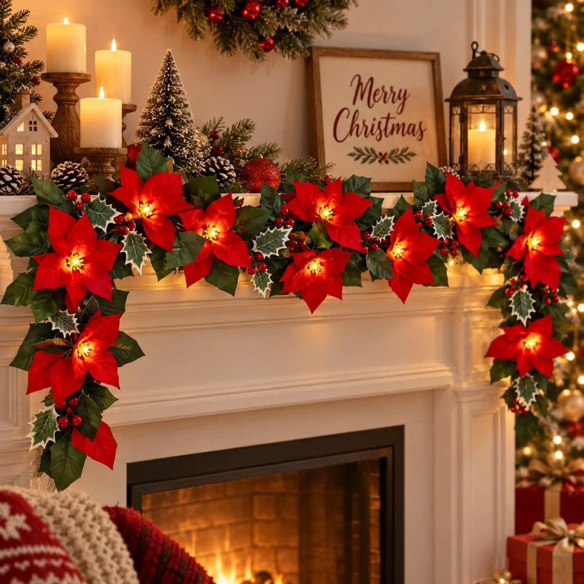 1pc Christmas Poinsettia Wreath String Lights 10/20 LED Artificial Flower Berry Fairy Light for Home Indoor Holiday Xmas Decor