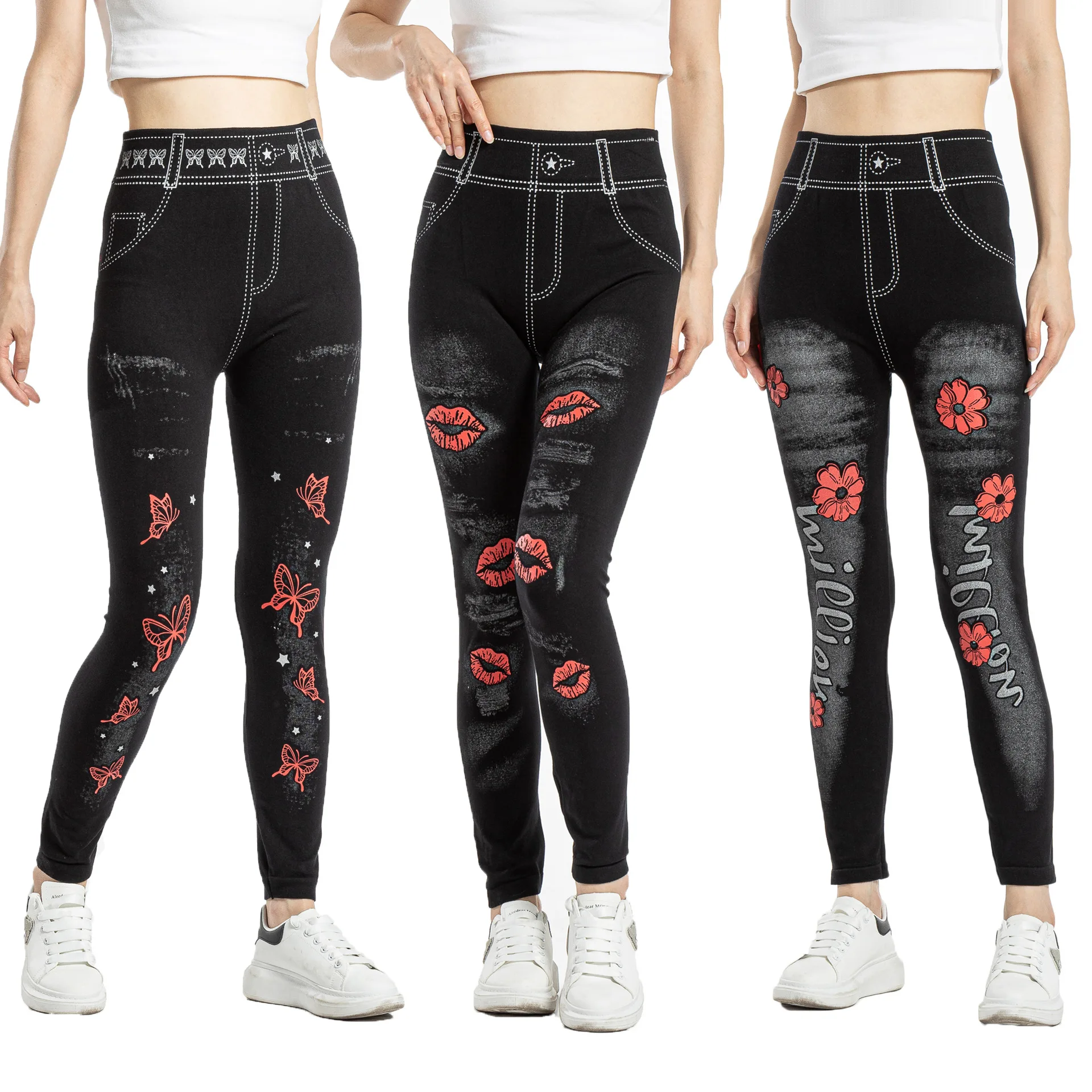 Seamless Leggings Women Pants Jeggings Elastic Faux Jeans Denim Femme Flowers Printed Slim Fit Trousers Outwear 2025 New