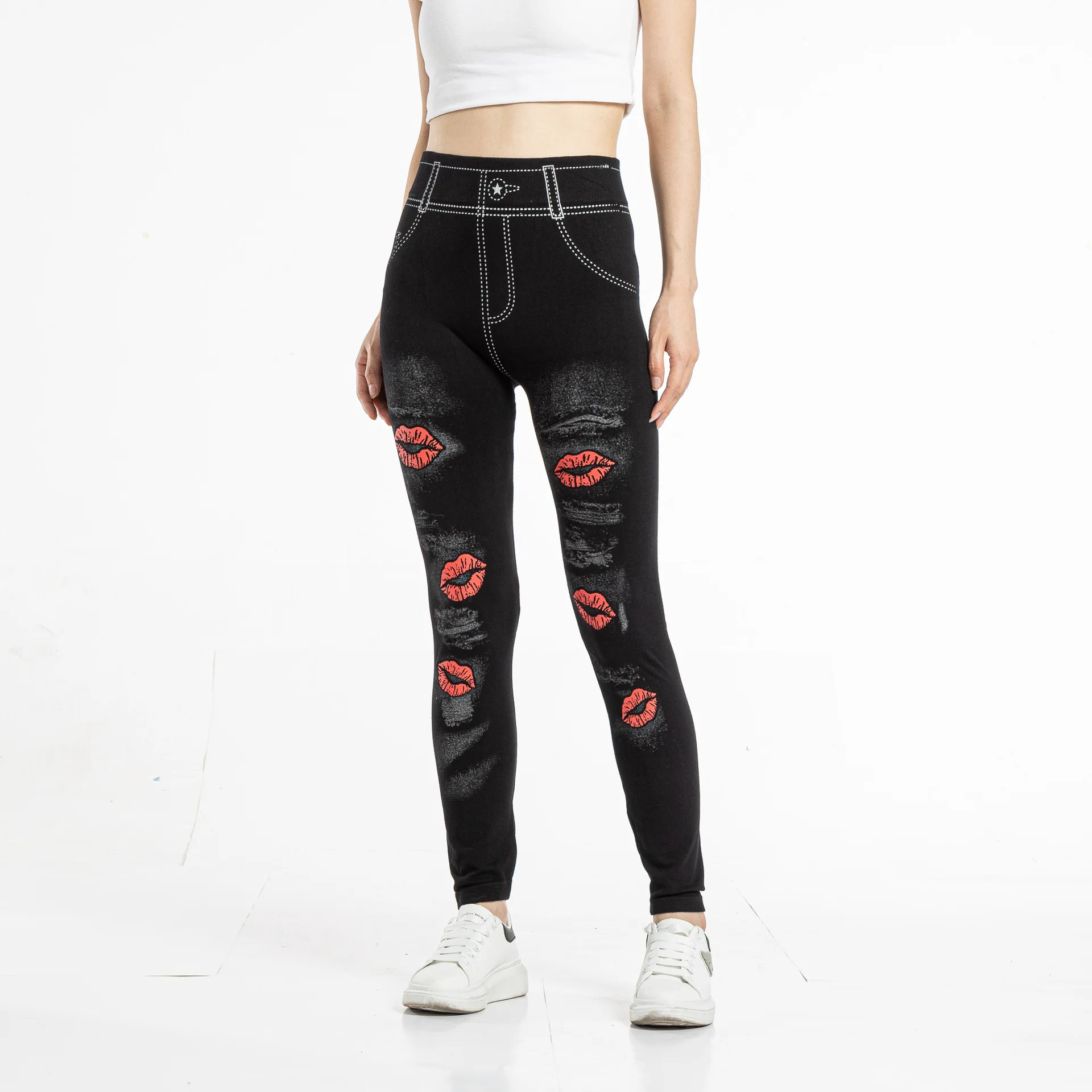 Seamless Leggings Women Pants Jeggings Elastic Faux Jeans Denim Femme Flowers Printed Slim Fit Trousers Outwear 2025 New