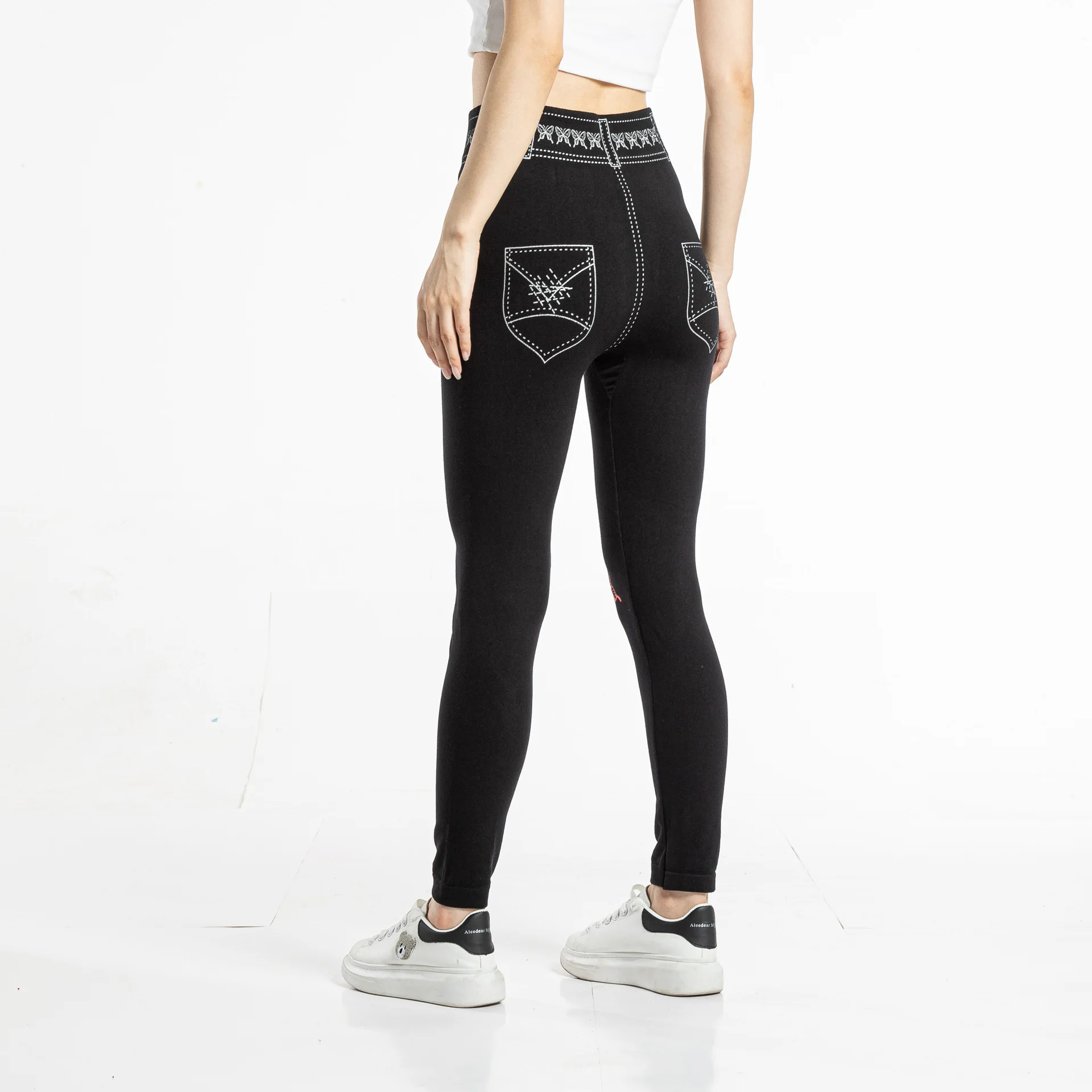 Seamless Leggings Women Pants Jeggings Elastic Faux Jeans Denim Femme Flowers Printed Slim Fit Trousers Outwear 2025 New