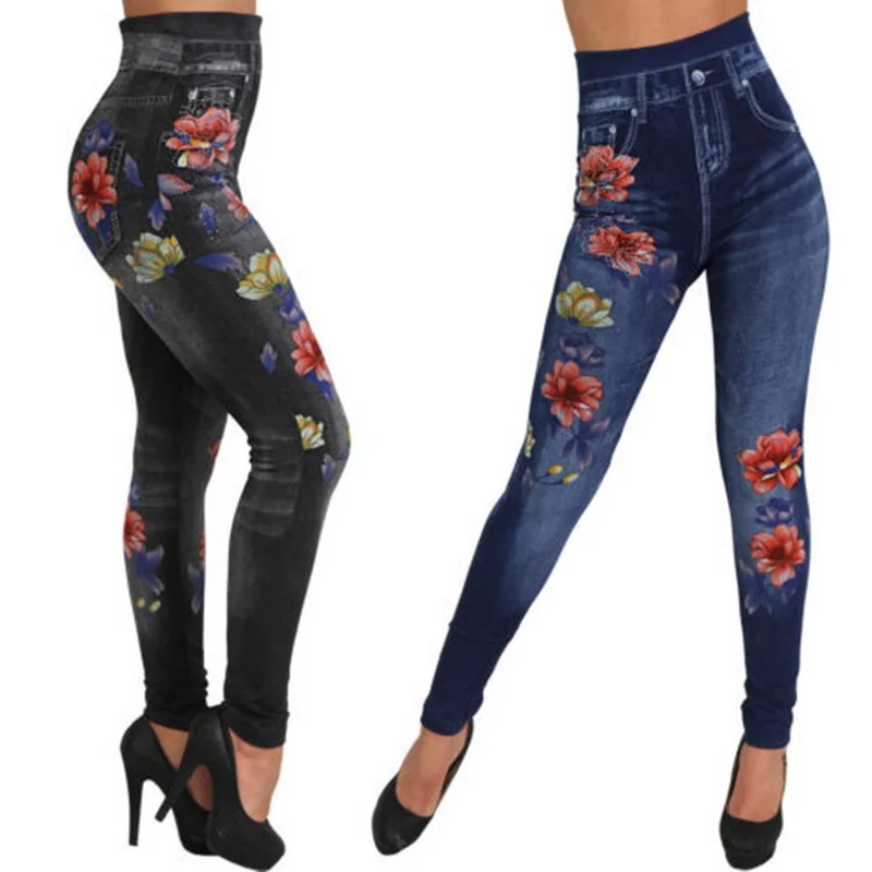 Seamless Leggings Women Pants Jeggings Elastic Faux Jeans Denim Femme Flowers Printed Slim Fit Trousers Outwear 2025 New