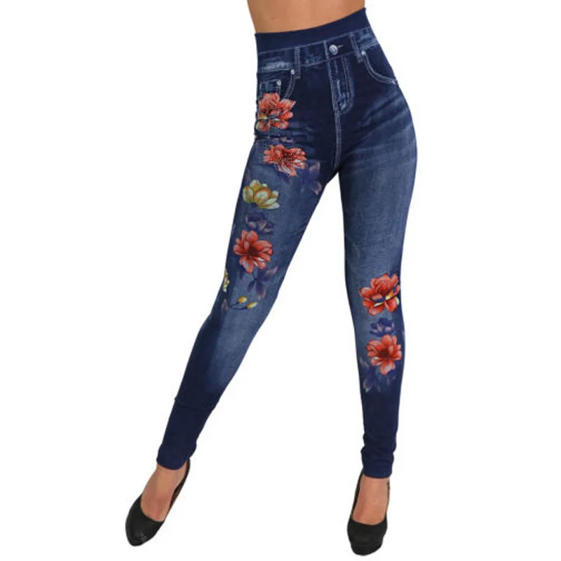 Seamless Leggings Women Pants Jeggings Elastic Faux Jeans Denim Femme Flowers Printed Slim Fit Trousers Outwear 2025 New