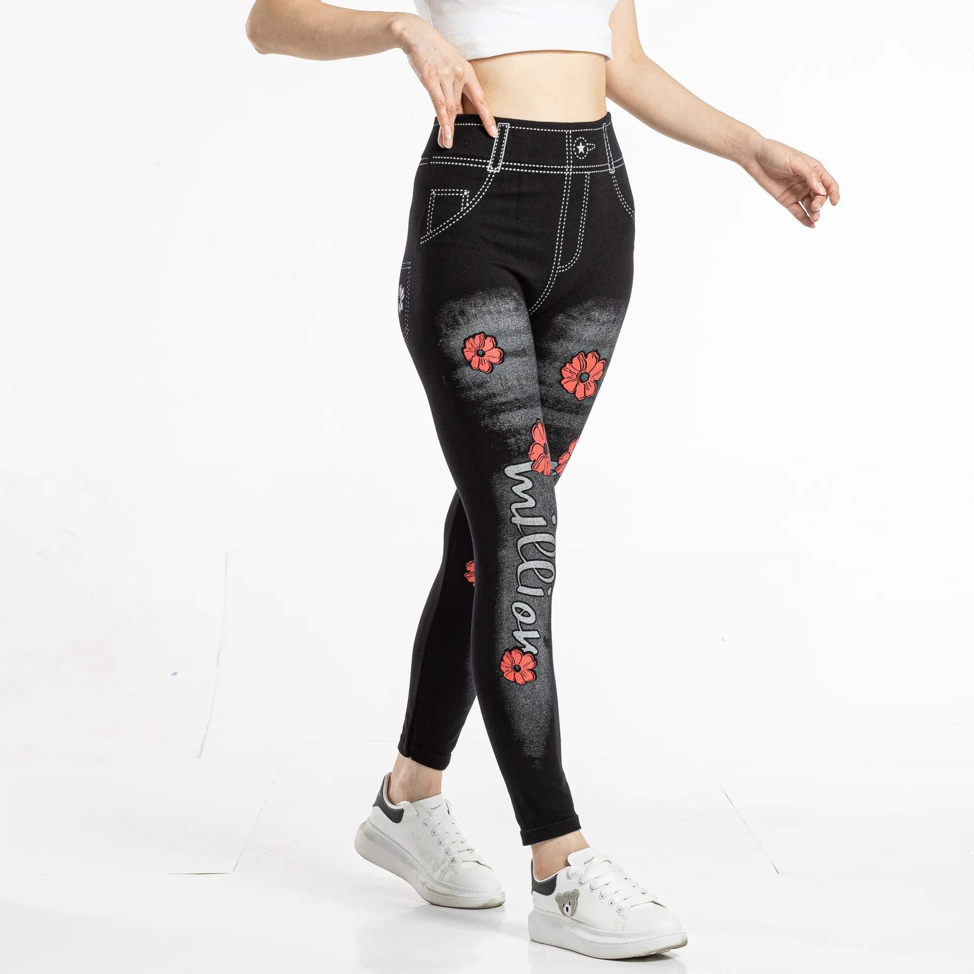 Seamless Leggings Women Pants Jeggings Elastic Faux Jeans Denim Femme Flowers Printed Slim Fit Trousers Outwear 2025 New