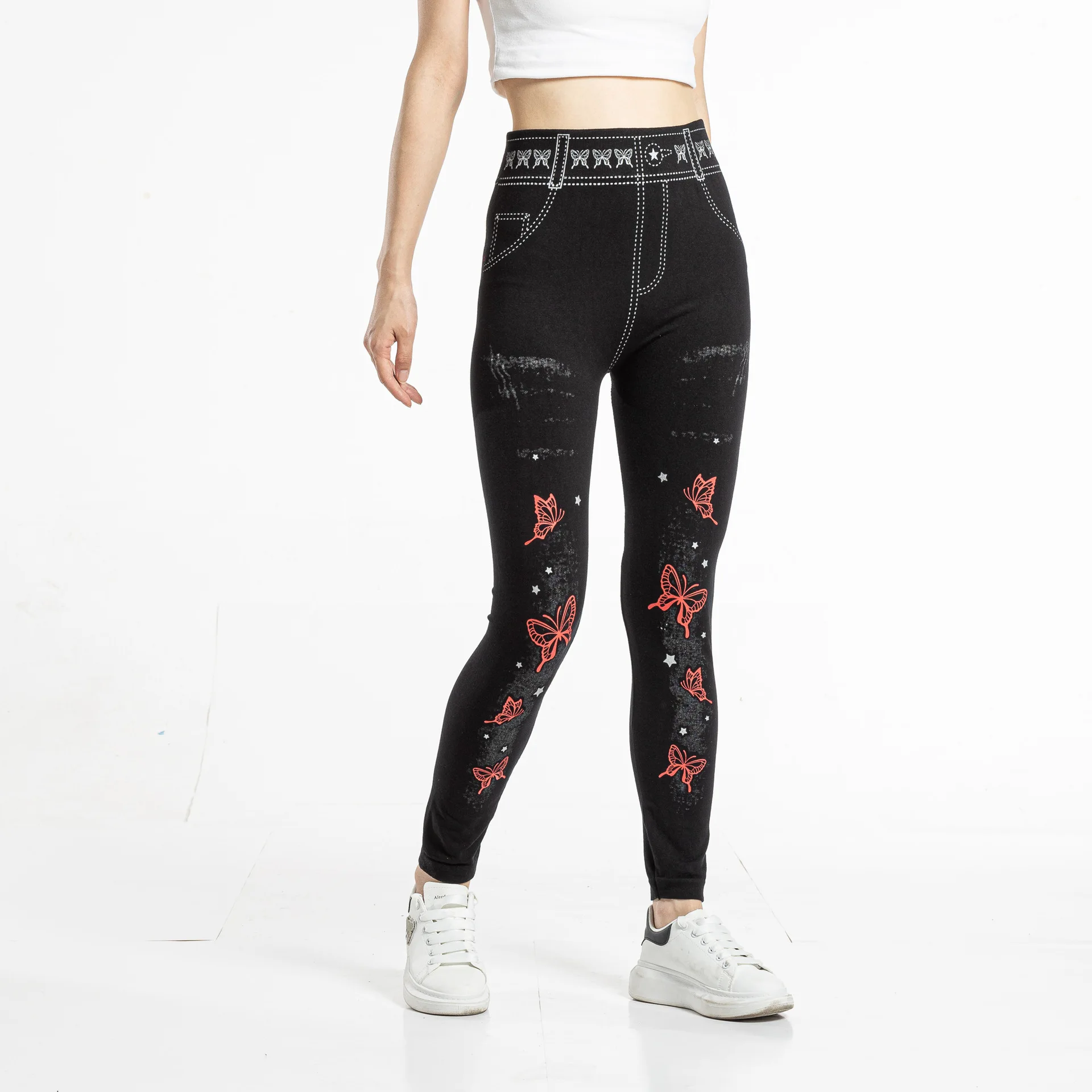 Seamless Leggings Women Pants Jeggings Elastic Faux Jeans Denim Femme Flowers Printed Slim Fit Trousers Outwear 2025 New