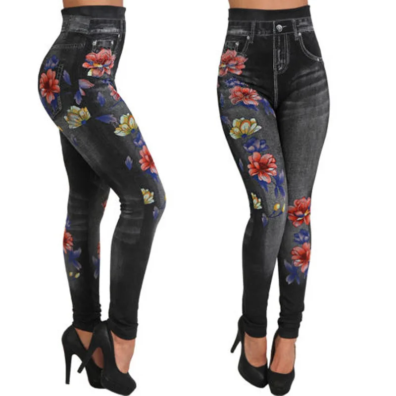 Seamless Leggings Women Pants Jeggings Elastic Faux Jeans Denim Femme Flowers Printed Slim Fit Trousers Outwear 2025 New