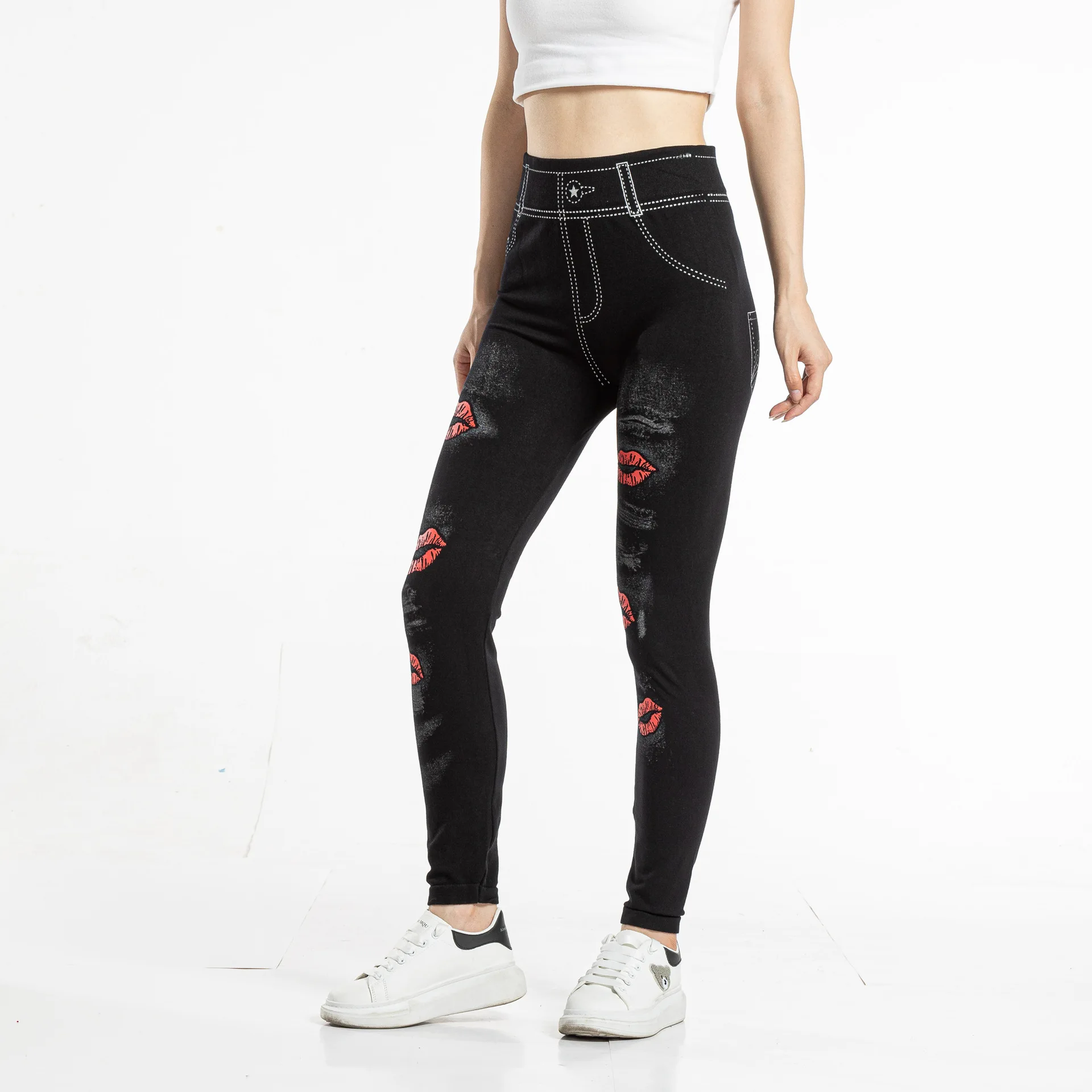 Seamless Leggings Women Pants Jeggings Elastic Faux Jeans Denim Femme Flowers Printed Slim Fit Trousers Outwear 2025 New