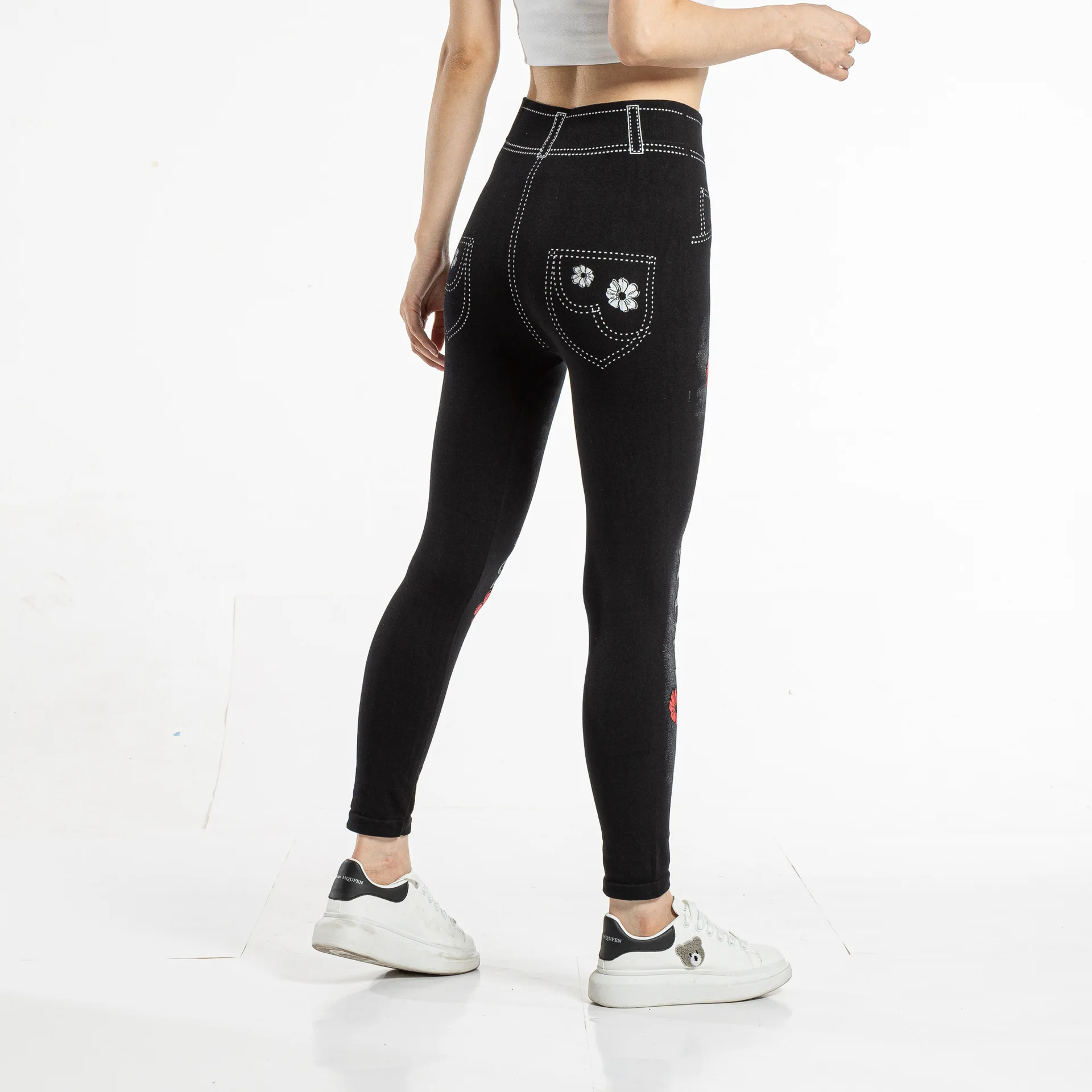 Seamless Leggings Women Pants Jeggings Elastic Faux Jeans Denim Femme Flowers Printed Slim Fit Trousers Outwear 2025 New
