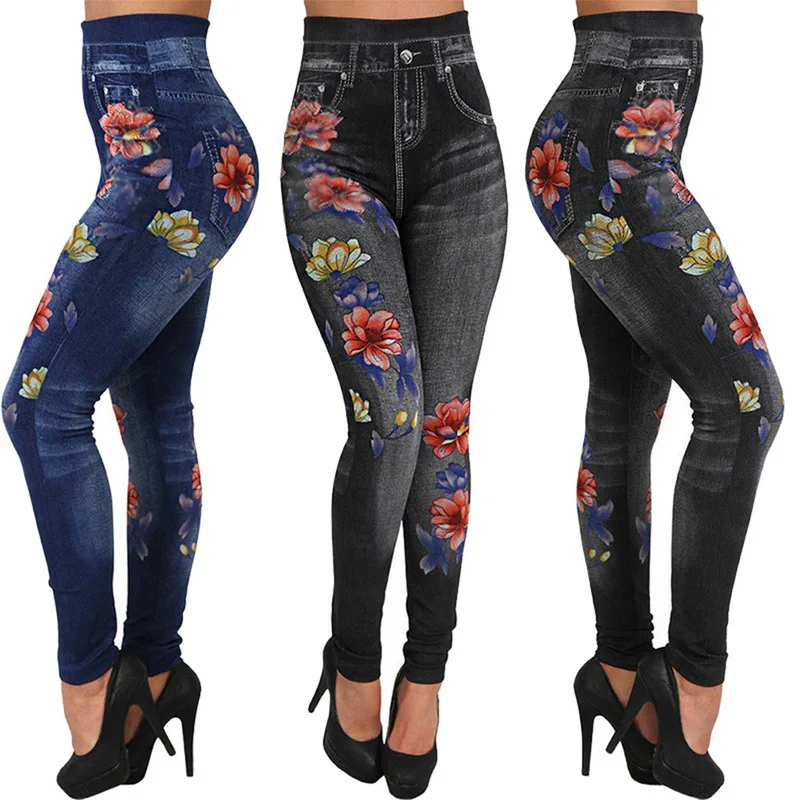 Seamless Leggings Women Pants Jeggings Elastic Faux Jeans Denim Femme Flowers Printed Slim Fit Trousers Outwear 2025 New