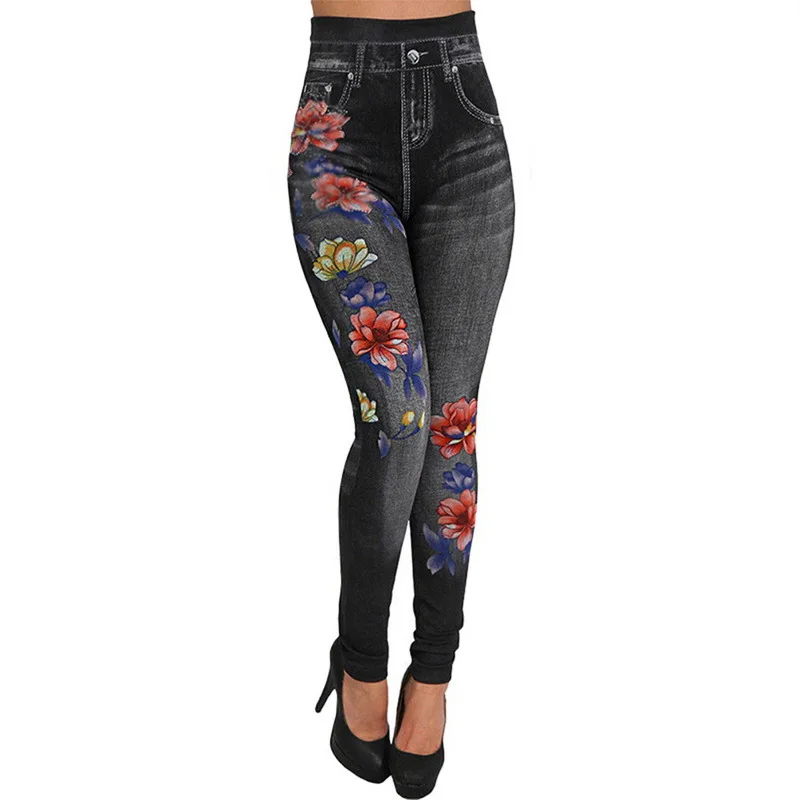 Seamless Leggings Women Pants Jeggings Elastic Faux Jeans Denim Femme Flowers Printed Slim Fit Trousers Outwear 2025 New