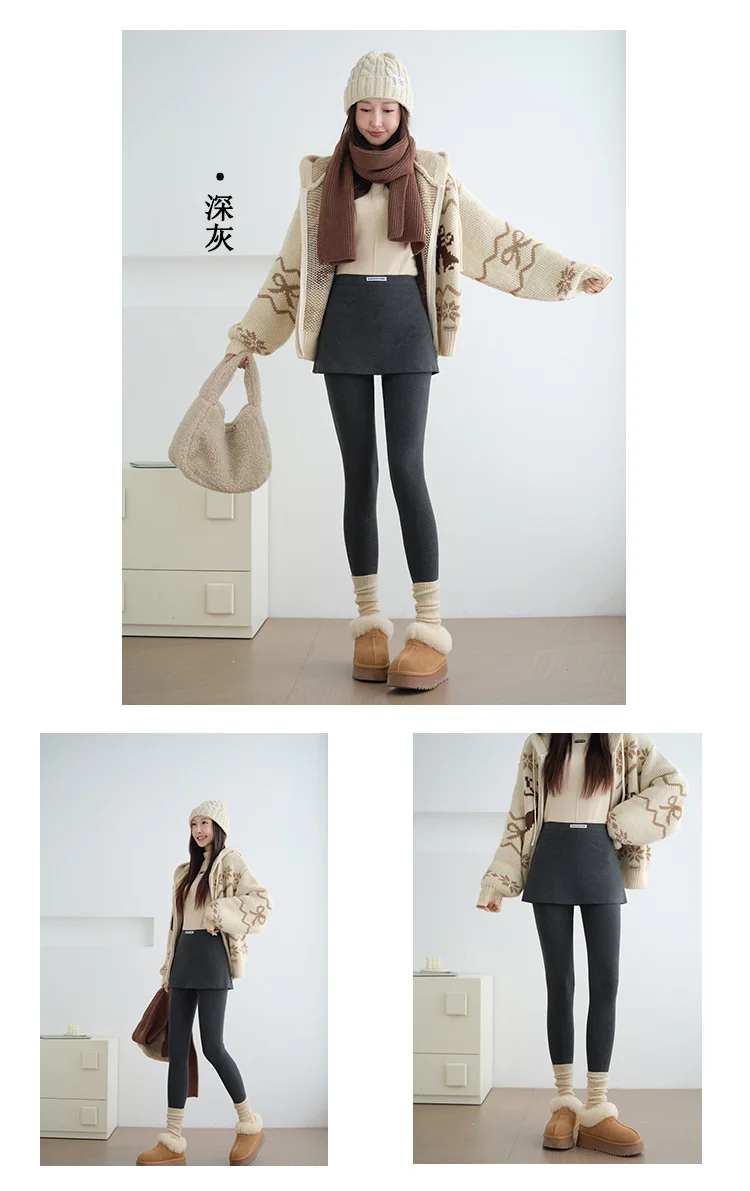 Autumn Winter Warm Fleece Lined Skirt Leggings Women All Match Hip Cover Casual Wear Legging Woman Two Fake Pieces Slim Pants