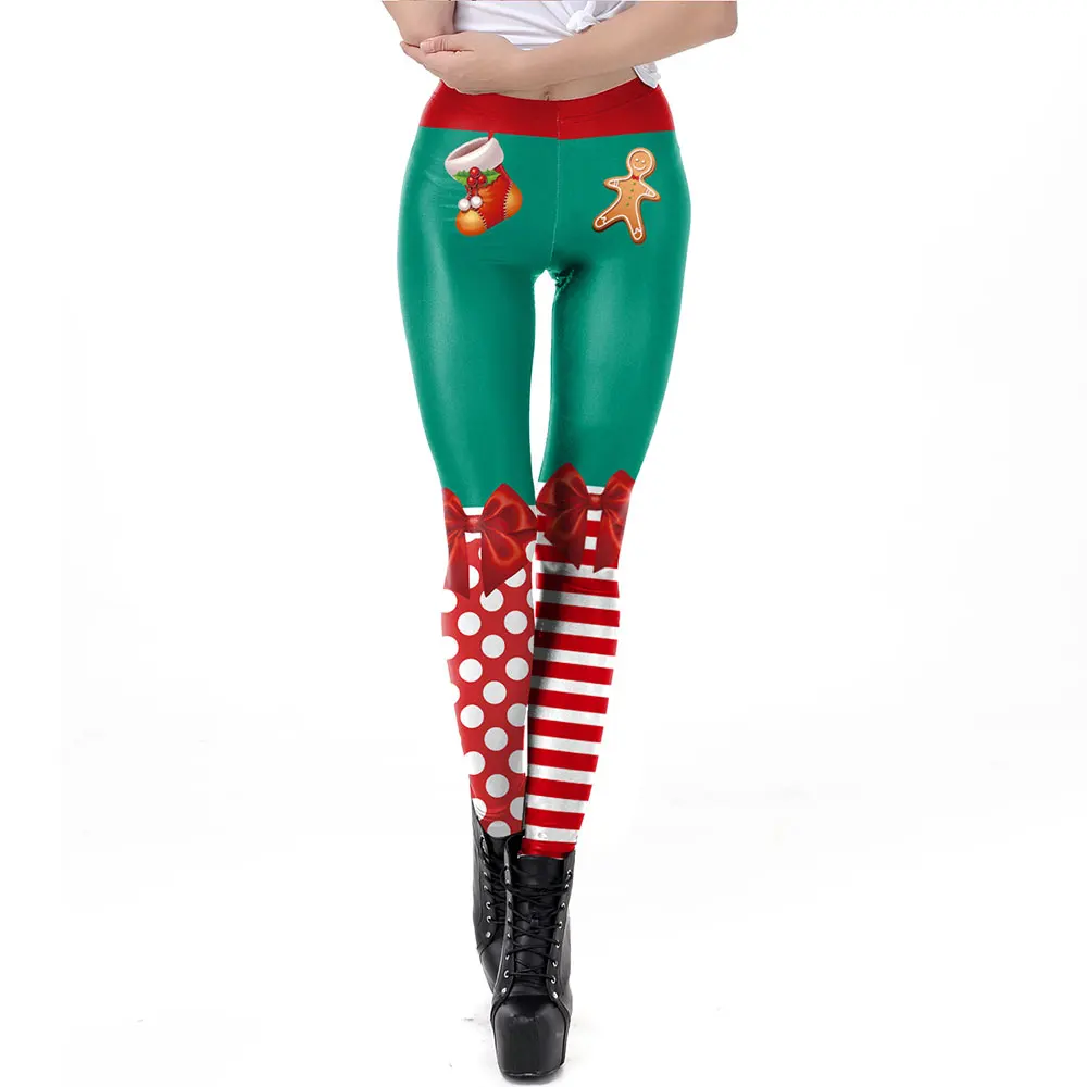 Nadanbao Xmas Bell Striped Print Leggings Women Soft Elastic Yoga Pants Christmas Party Festive Trousers Workout Sports Bottoms