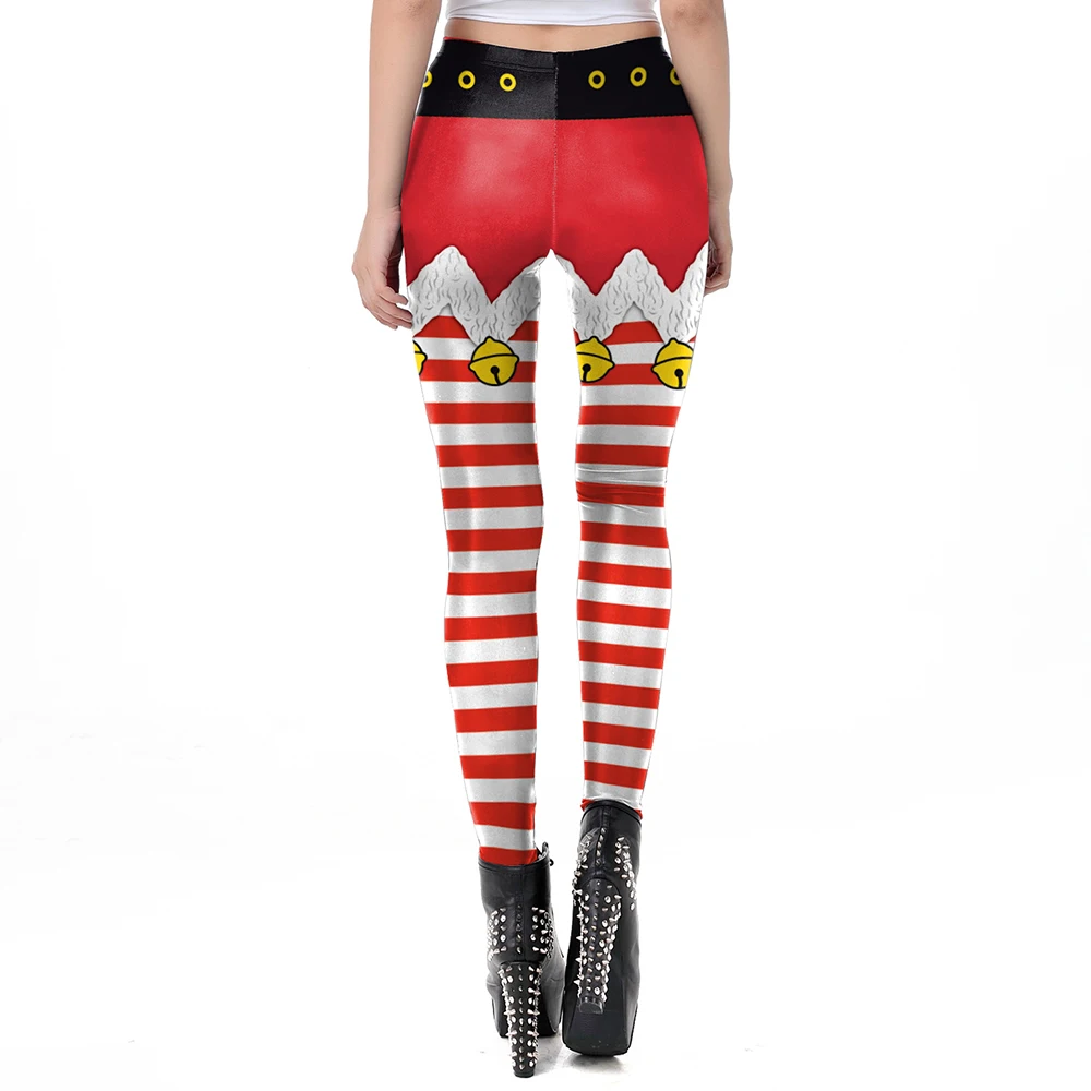 Nadanbao Xmas Bell Striped Print Leggings Women Soft Elastic Yoga Pants Christmas Party Festive Trousers Workout Sports Bottoms