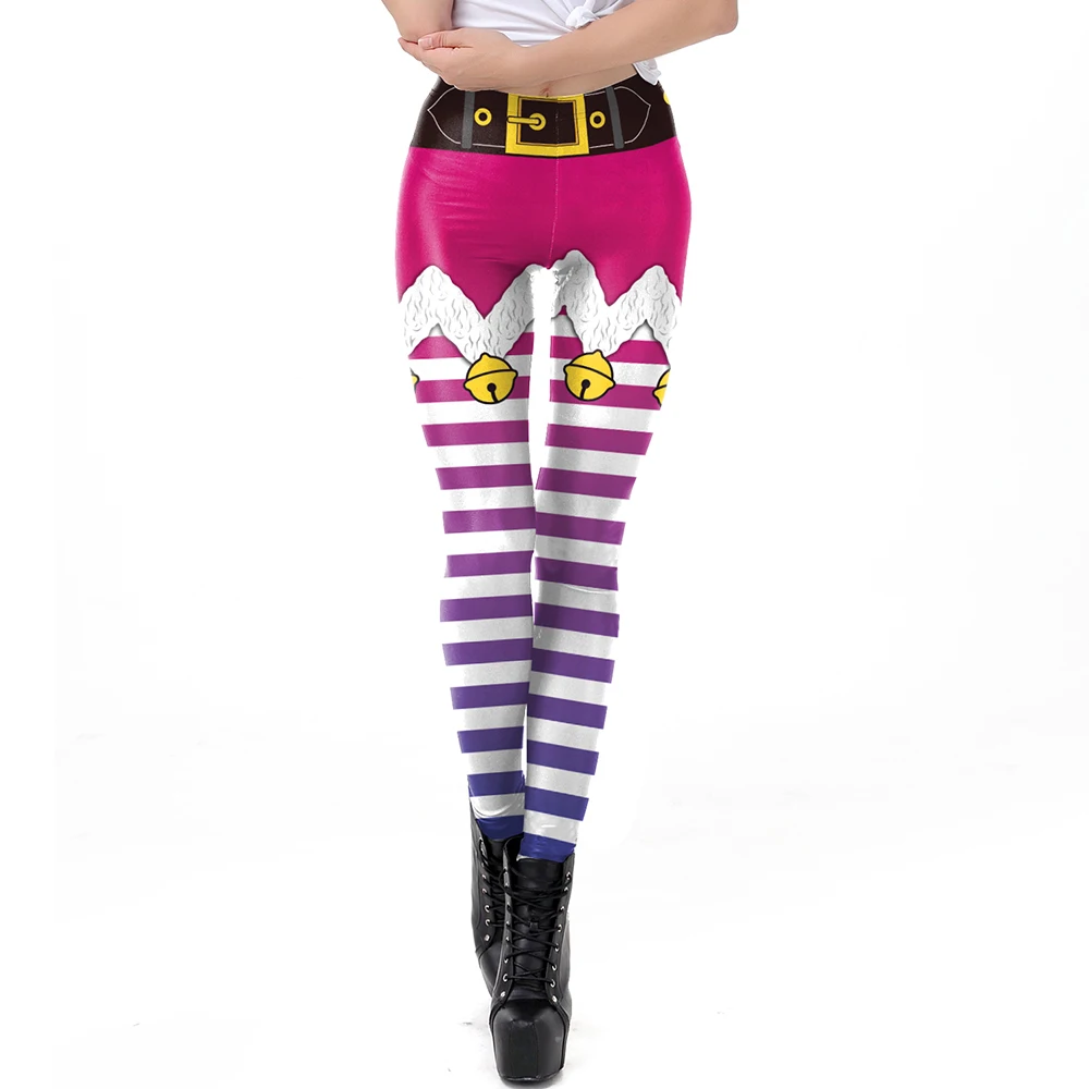 Nadanbao Xmas Bell Striped Print Leggings Women Soft Elastic Yoga Pants Christmas Party Festive Trousers Workout Sports Bottoms