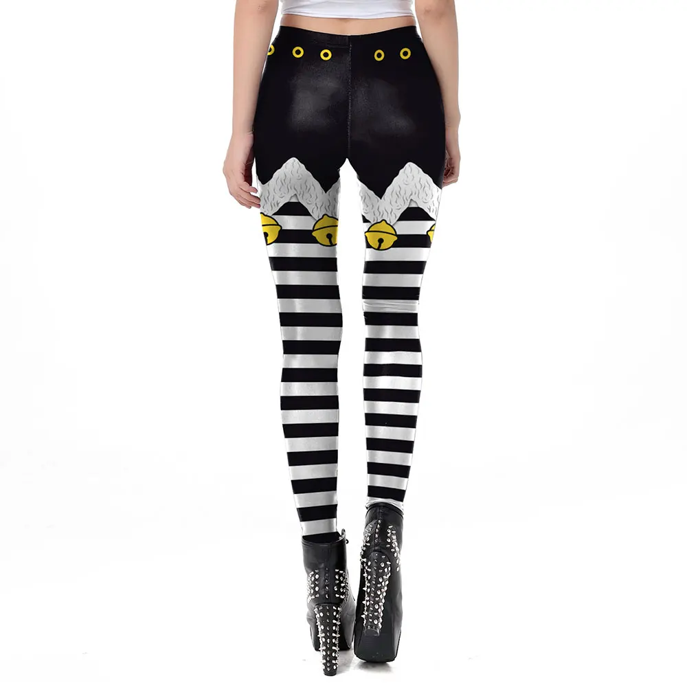 Nadanbao Xmas Bell Striped Print Leggings Women Soft Elastic Yoga Pants Christmas Party Festive Trousers Workout Sports Bottoms