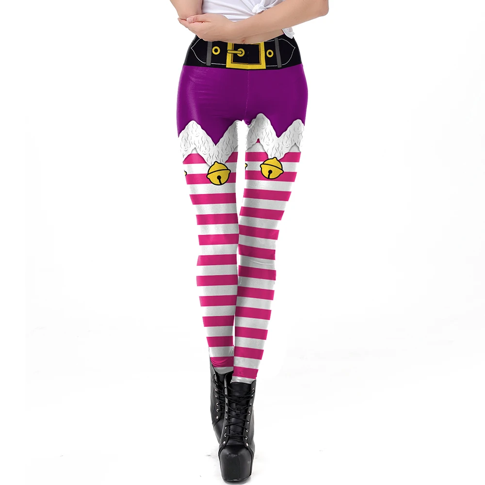 Nadanbao Xmas Bell Striped Print Leggings Women Soft Elastic Yoga Pants Christmas Party Festive Trousers Workout Sports Bottoms