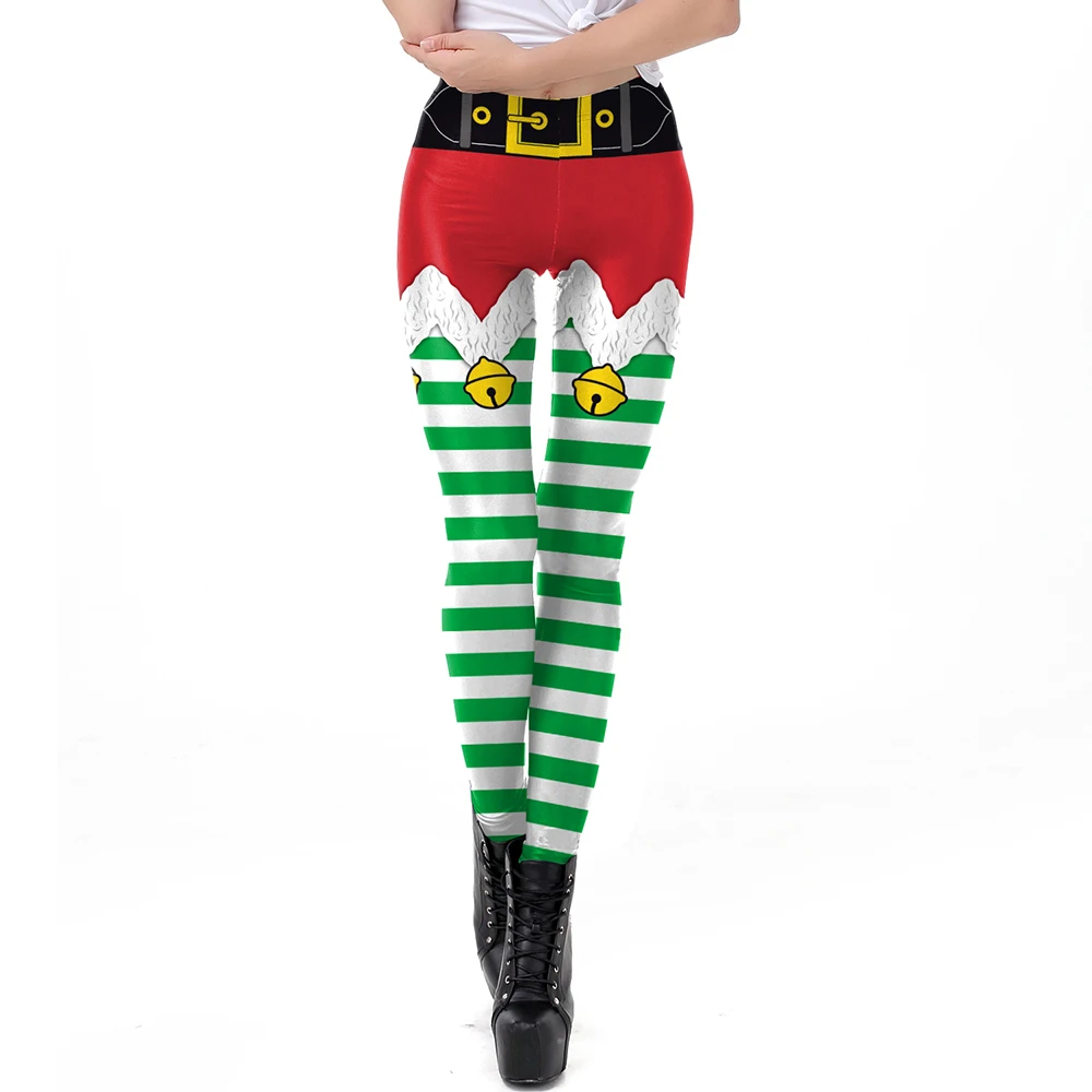 Nadanbao Xmas Bell Striped Print Leggings Women Soft Elastic Yoga Pants Christmas Party Festive Trousers Workout Sports Bottoms