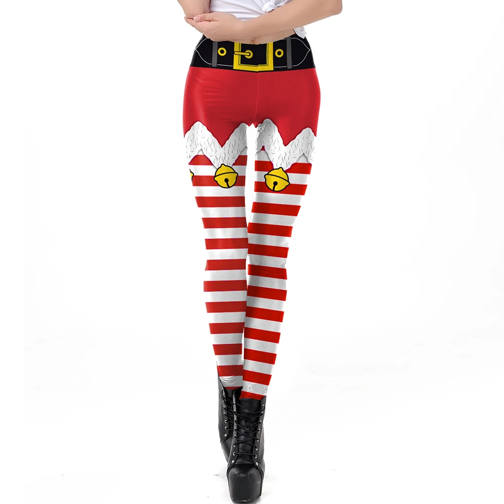 Nadanbao Xmas Bell Striped Print Leggings Women Soft Elastic Yoga Pants Christmas Party Festive Trousers Workout Sports Bottoms