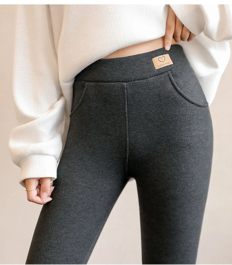 Women Winter Fleece Lined Leggings High Waist Pockets Thermal Thick Warm Slim Pants Woman Clothing Leggins