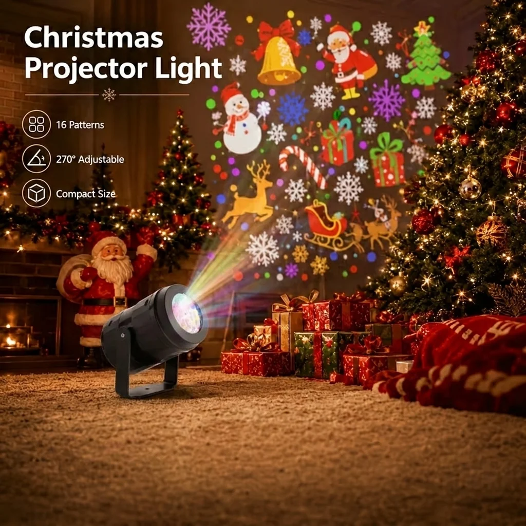 LED Christmas Projector Light 16 Patterns USB Dynamic Rotating Projection for Holiday Atmosphere Light Halloween Christmas Decor
