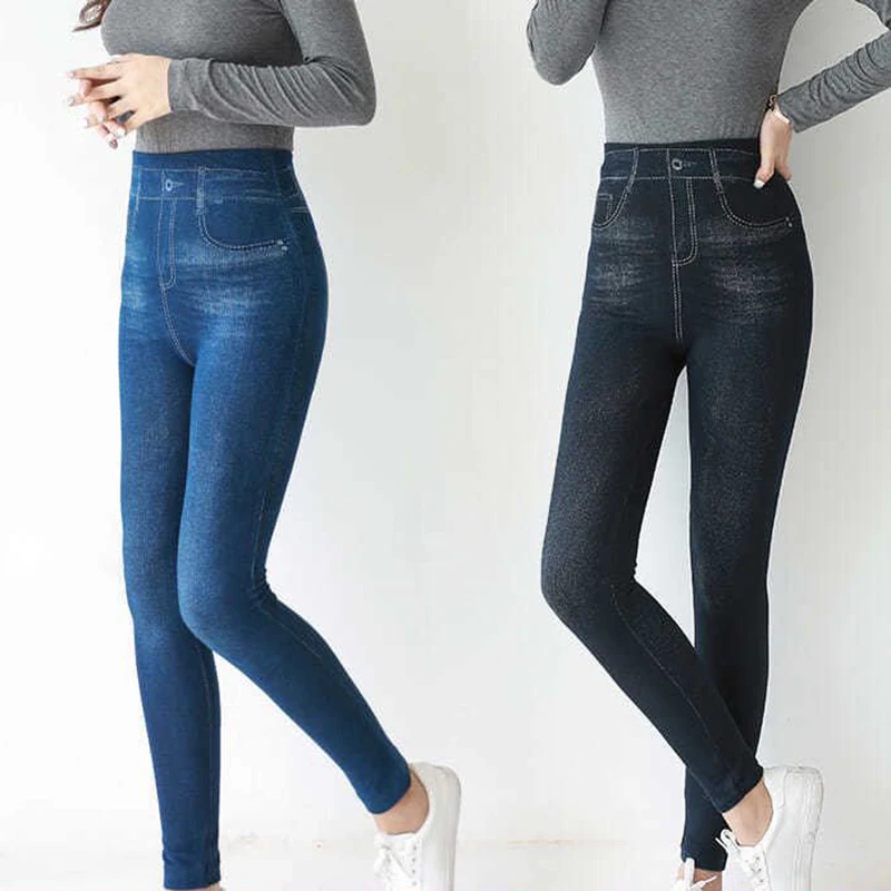 Imitation Denim Casual Long Leggings Dye High Waist Elastic All-match Sports Gym Pencil Pant For Women's Clothing Skinny Basic