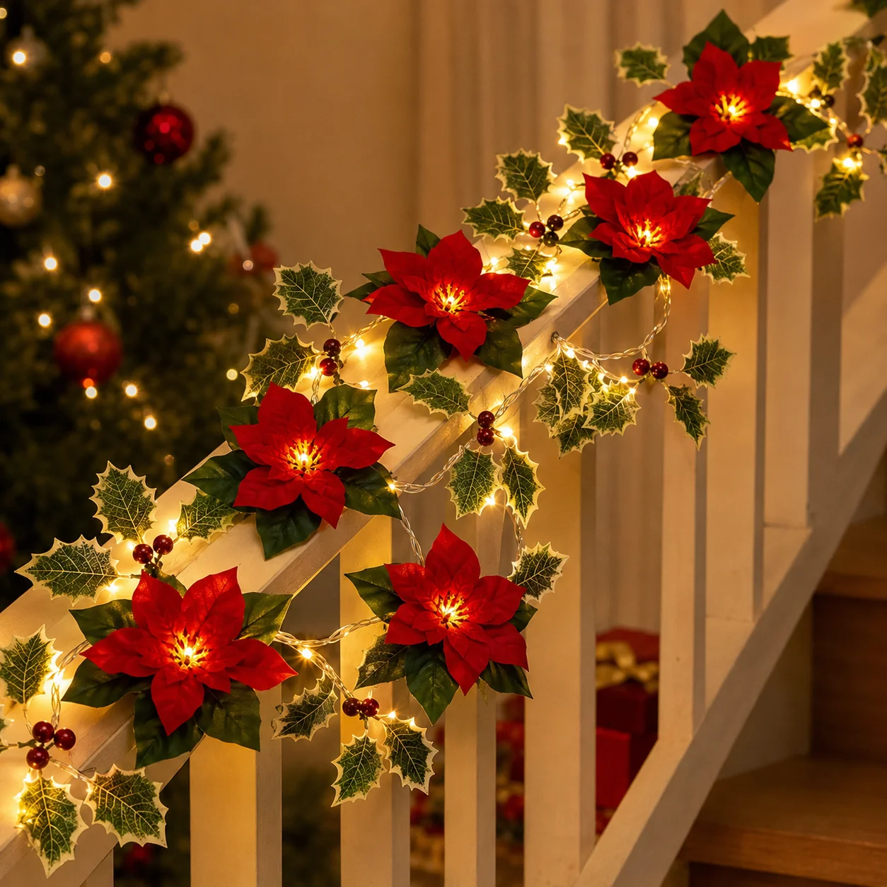 1pc 10/20 LED Christmas Artificial Flower and Red Berry String Light Battery Powered Fairy Lamp For Home Bedroom Christmas Decor