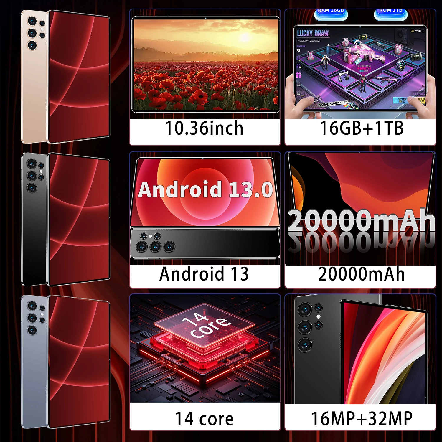 2026 Global New 16GB 1TB 10.36 inch tablet Android 13 Pad 14 core2 4K HD 5G WIFI Bluetooth 20000mAh tablets