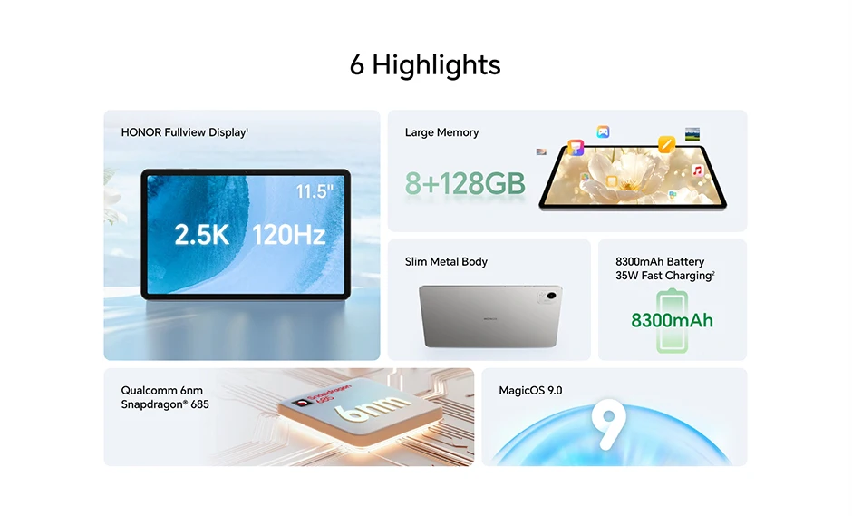 HONOR Pad X9a, 11.5″ 120Hz 2.5K HONOR Fullview Display,EU Version Tablet, 8300mAh Battery, Slim Metal Body, Four Speakers,Android WIFI Tablet,Gray-New