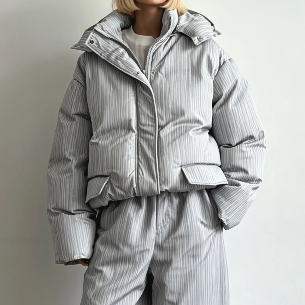 Bornladies Women's Striped Hooded Cotton Jacket Loose Winter Warm Casual Street Style Women's Windproof Winter Cotton Jacket