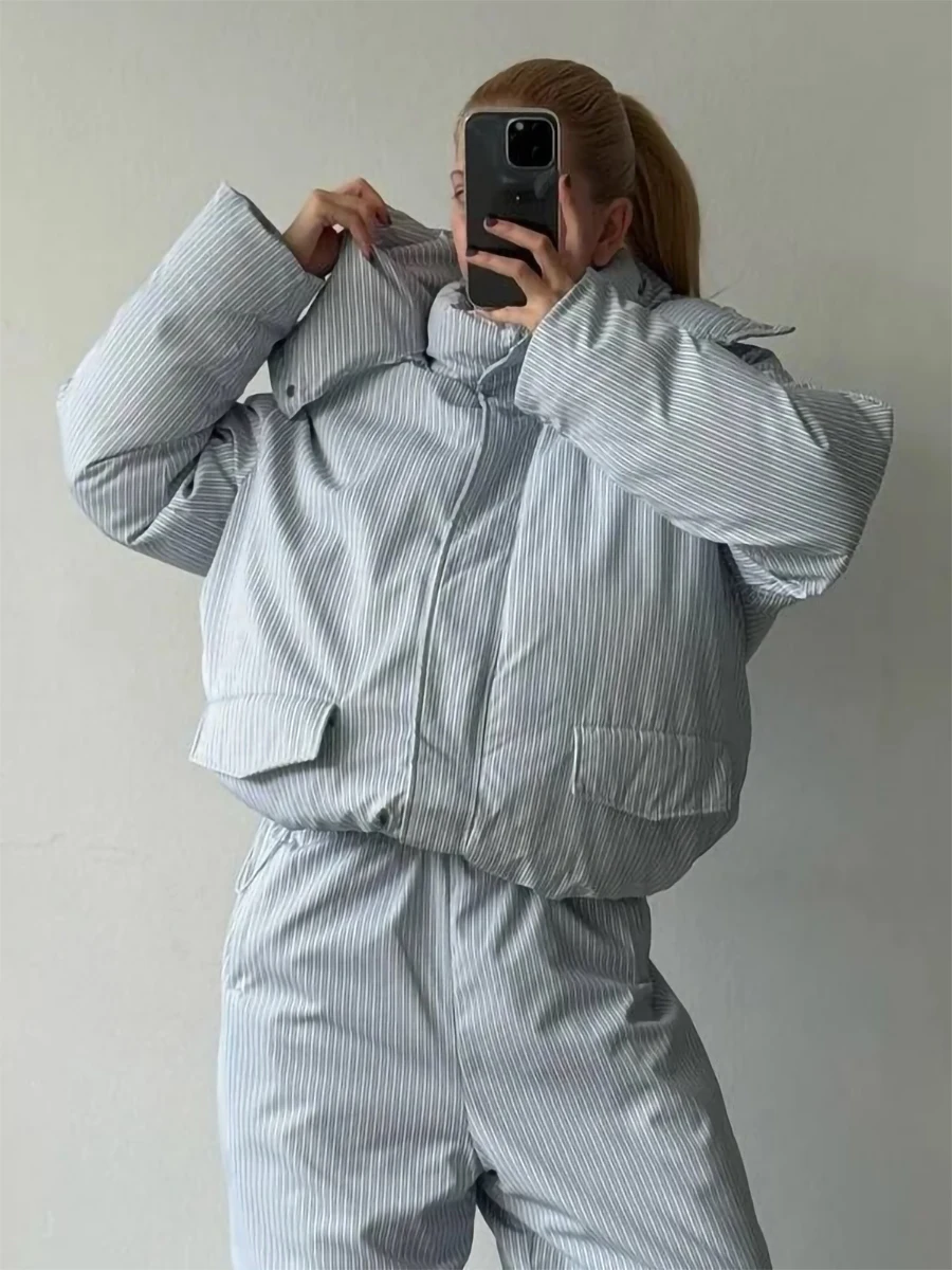 Bornladies Women's Striped Hooded Cotton Jacket Loose Winter Warm Casual Street Style Women's Windproof Winter Cotton Jacket