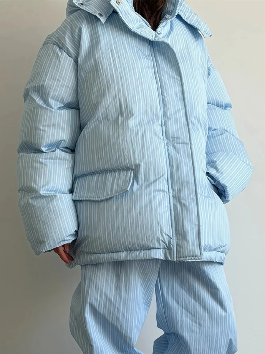 Bornladies Women's Striped Hooded Cotton Jacket Loose Winter Warm Casual Street Style Women's Windproof Winter Cotton Jacket