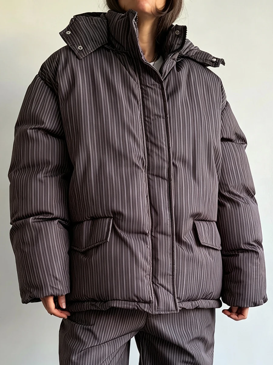 Bornladies Women's Striped Hooded Cotton Jacket Loose Winter Warm Casual Street Style Women's Windproof Winter Cotton Jacket