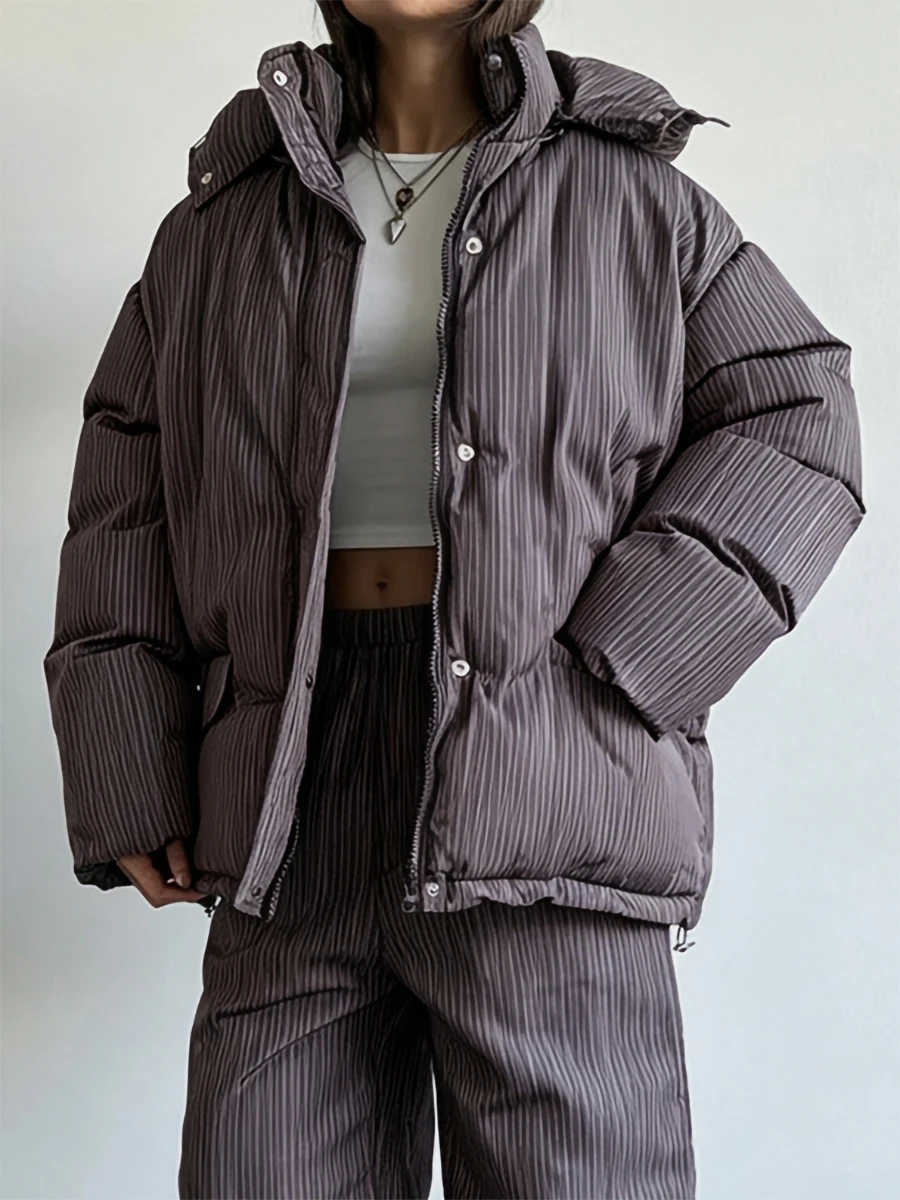 Bornladies Women's Striped Hooded Cotton Jacket Loose Winter Warm Casual Street Style Women's Windproof Winter Cotton Jacket