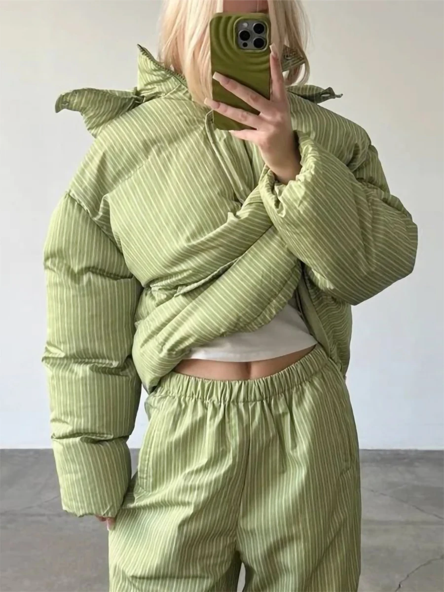 Bornladies Women's Striped Hooded Cotton Jacket Loose Winter Warm Casual Street Style Women's Windproof Winter Cotton Jacket