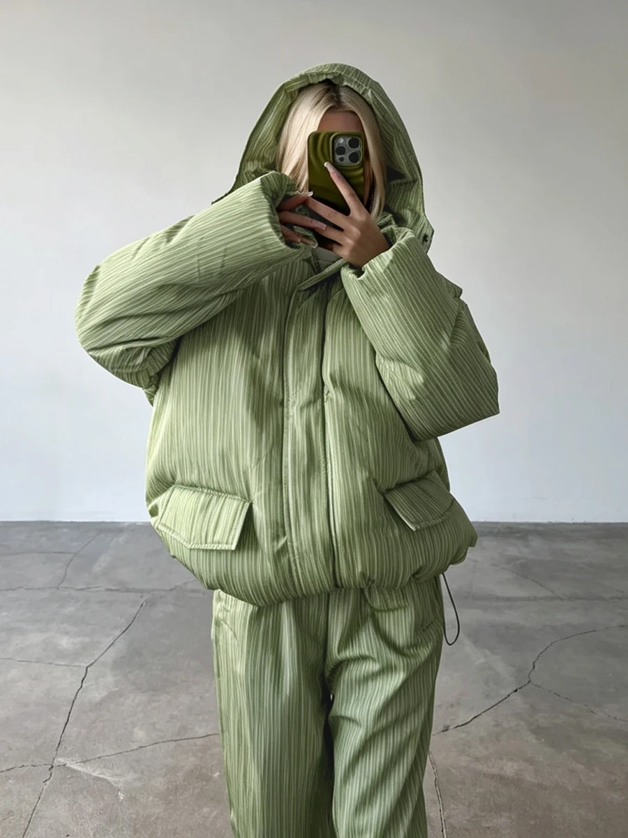 Bornladies Women's Striped Hooded Cotton Jacket Loose Winter Warm Casual Street Style Women's Windproof Winter Cotton Jacket