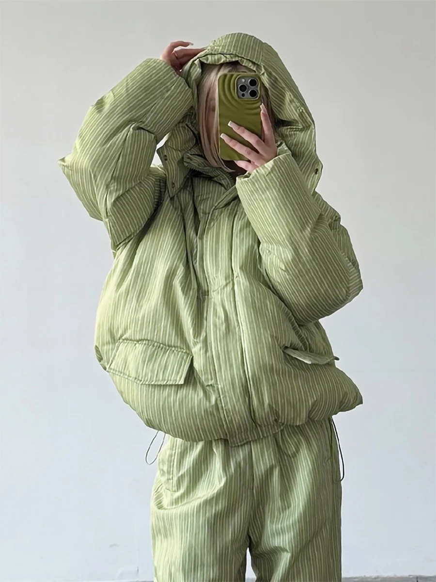 Bornladies Women's Striped Hooded Cotton Jacket Loose Winter Warm Casual Street Style Women's Windproof Winter Cotton Jacket