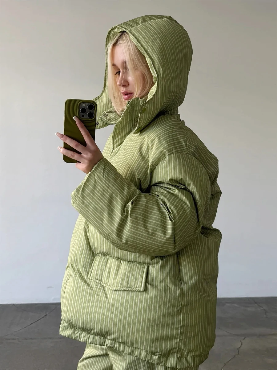 Bornladies Women's Striped Hooded Cotton Jacket Loose Winter Warm Casual Street Style Women's Windproof Winter Cotton Jacket